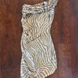 Marciano by Guess Beige White Zebra Print Sheath Dress One Shoulder Beaded